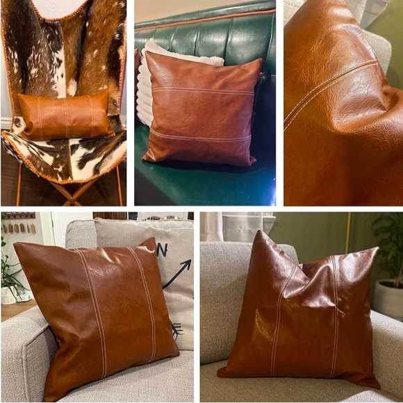 Fancy Homi Boho Brown Faux Leather Throw Pillow Set 2 Pack - Picture 6 of 6